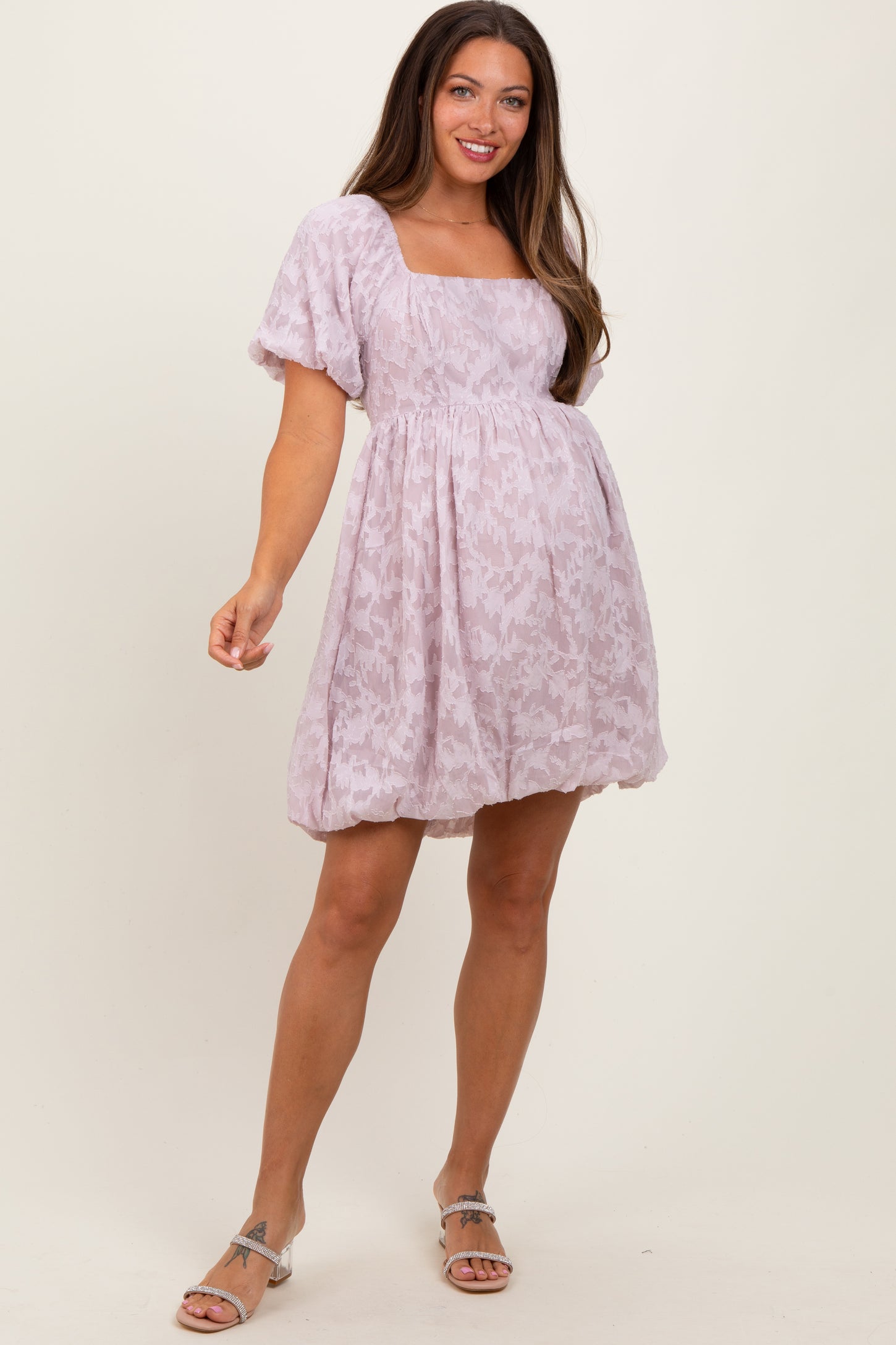 Lavender Chiffon Jacquard Print Square Neck Maternity Bubble Dress