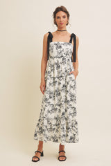 Cream/Black Floral Print Shoulder Bow Tie Maternity Midi Dress