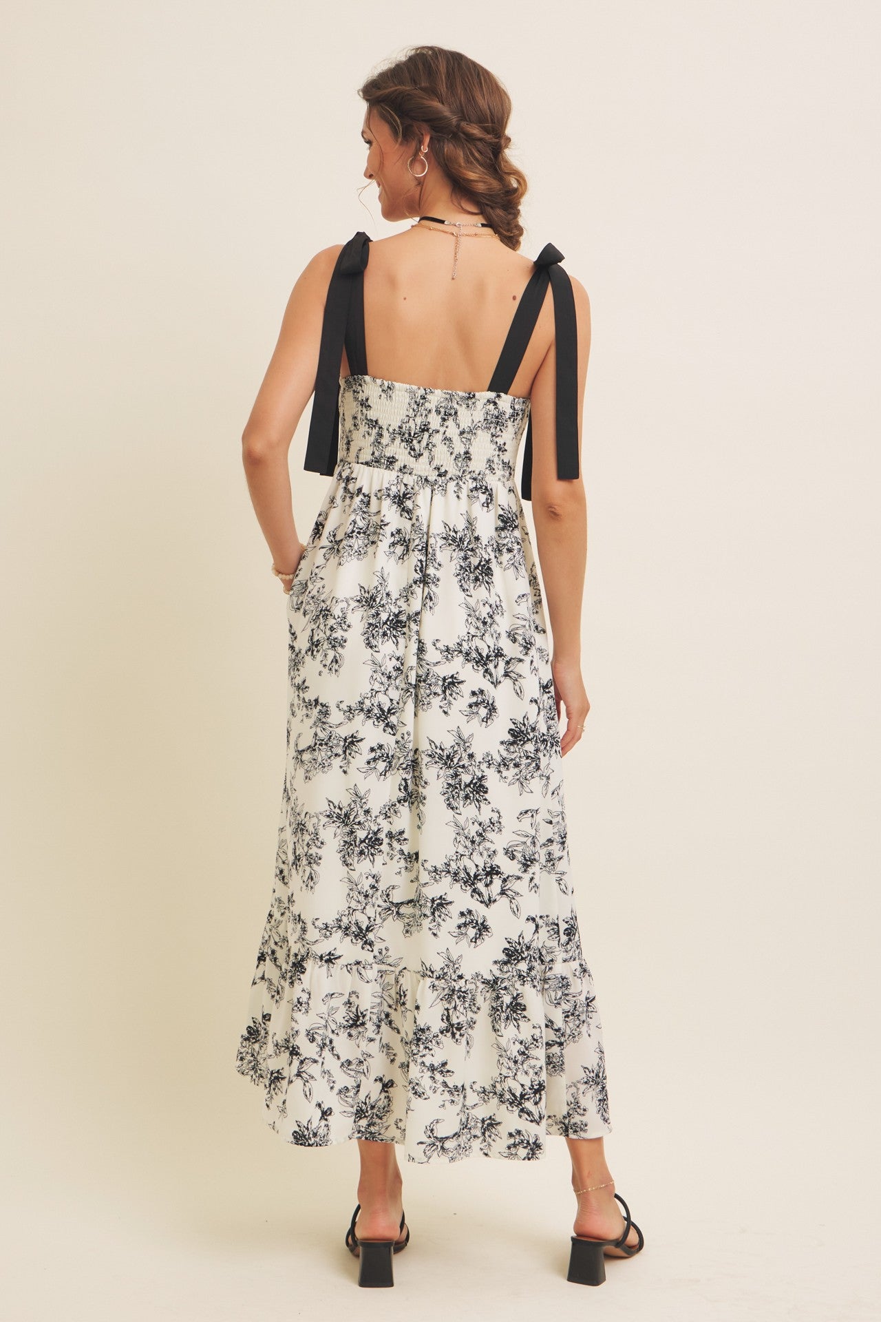 Cream/Black Floral Print Shoulder Bow Tie Midi Dress