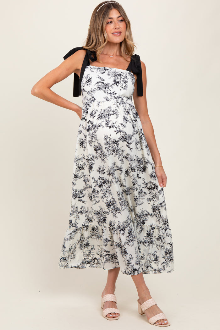 Cream/Black Floral Print Shoulder Bow Tie Maternity Midi Dress