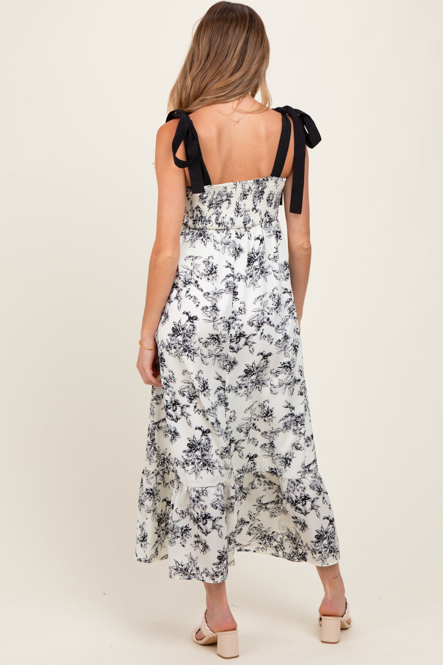 Cream/Black Floral Print Shoulder Bow Tie Maternity Midi Dress
