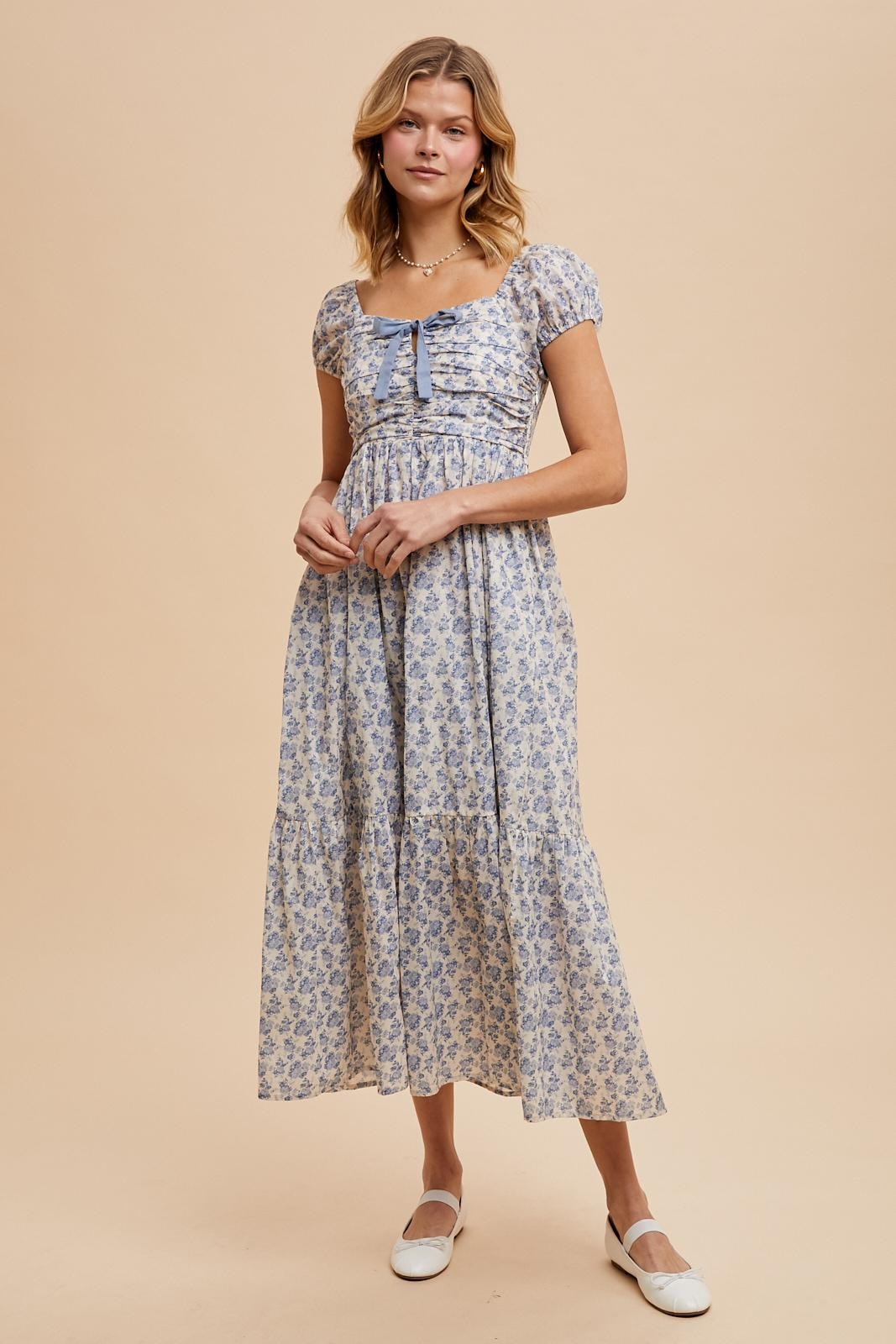 Light Blue Floral Ruched Bow Tie Floral Maternity Maxi Dress
