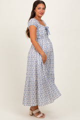 Light Blue Floral Ruched Bow Tie Floral Maternity Maxi Dress