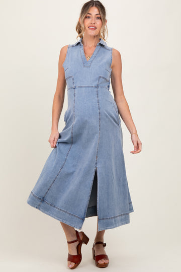 Blue Medium Wash Collared Denim Flare Maternity Midi Dress