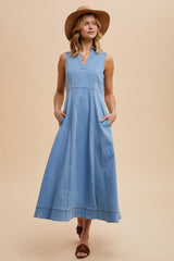 Light Blue Wash Collared Denim Flare Midi Dress