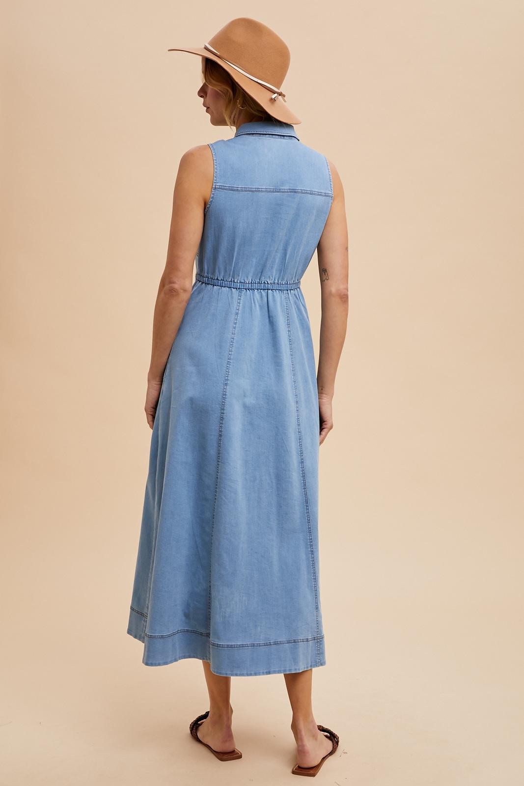 Light Blue Wash Collared Denim Flare Midi Dress