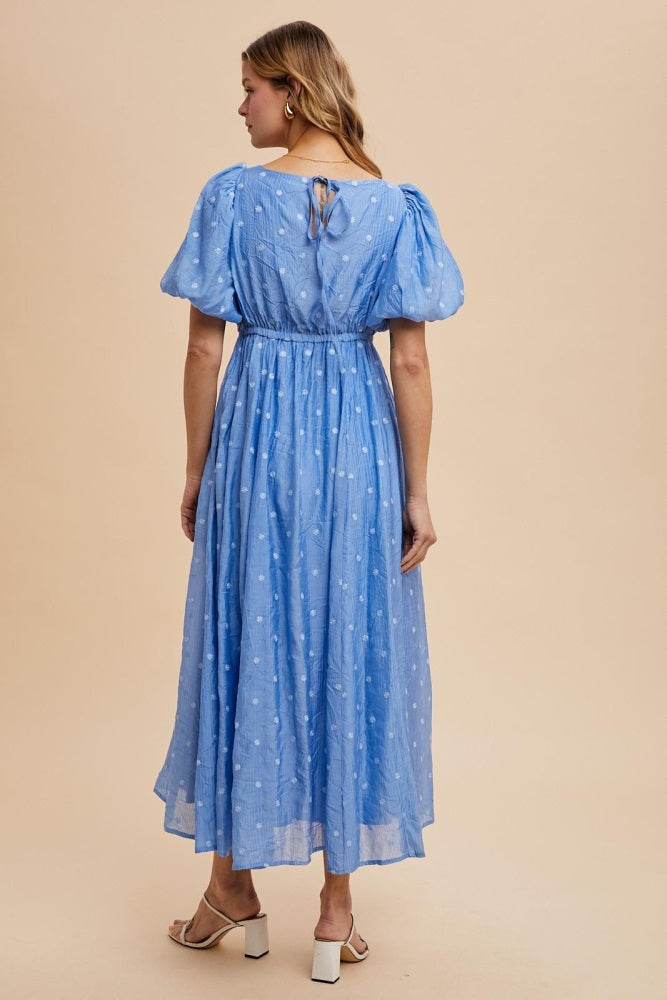 Blue Embroidered Shirred Puff Sleeve Maxi Dress