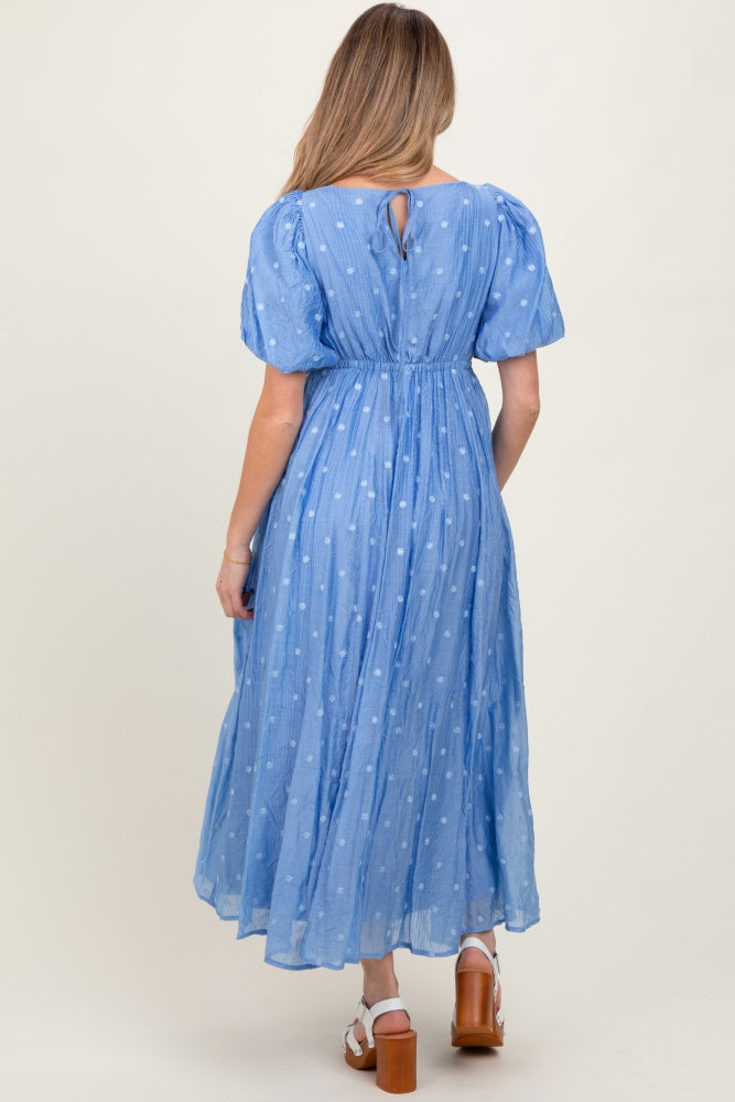 Blue Embroidered Shirred Puff Sleeve Maternity Maxi Dress