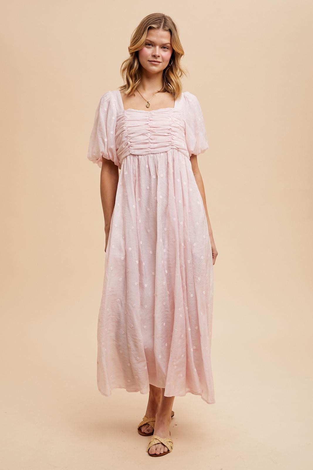 Light Pink Embroidered Shirred Puff Sleeve Maxi Dress