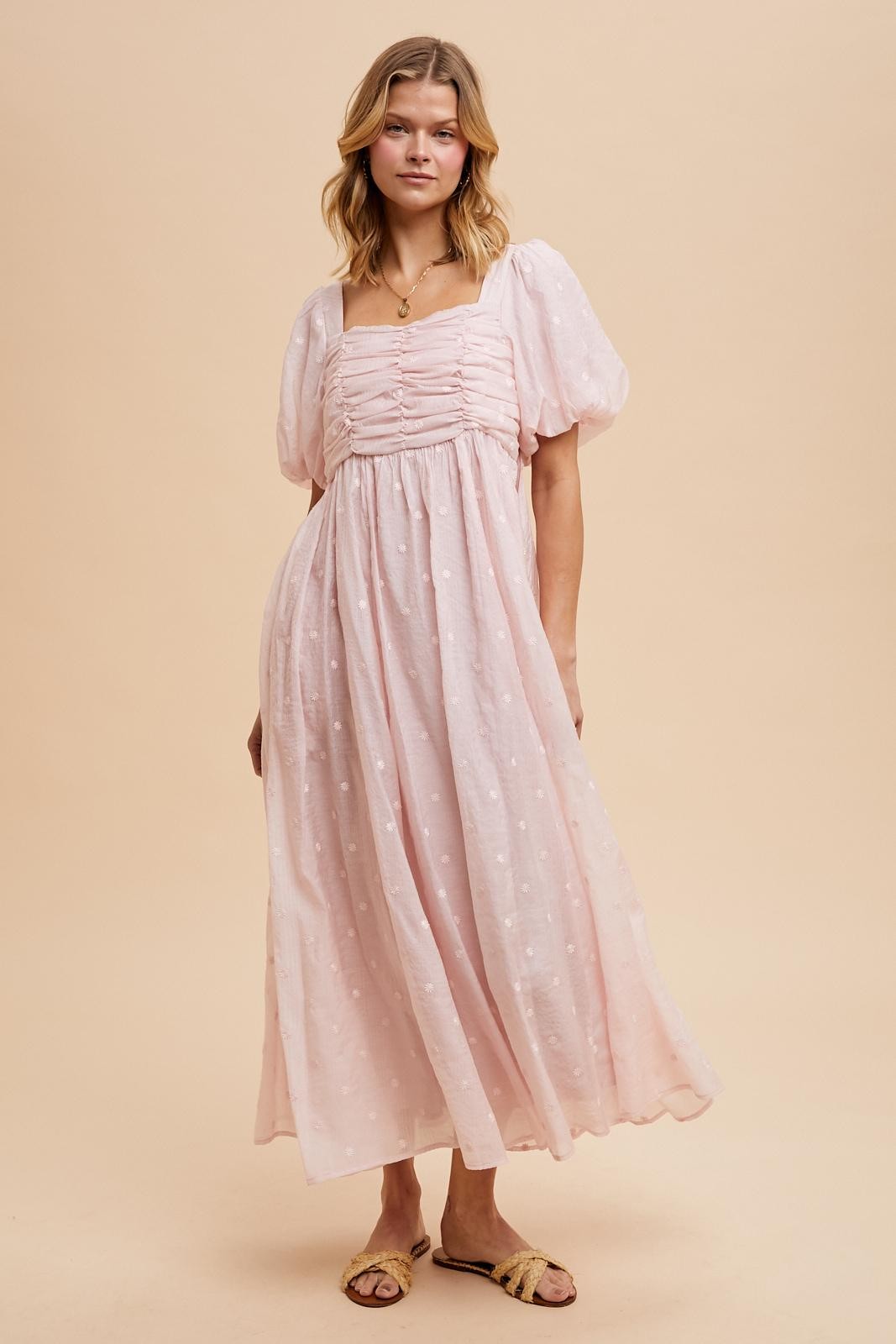 Light Pink Embroidered Shirred Puff Sleeve Maxi Dress