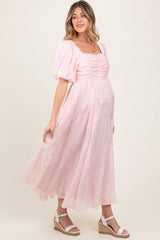 Light Pink Embroidered Shirred Puff Sleeve Maternity Maxi Dress