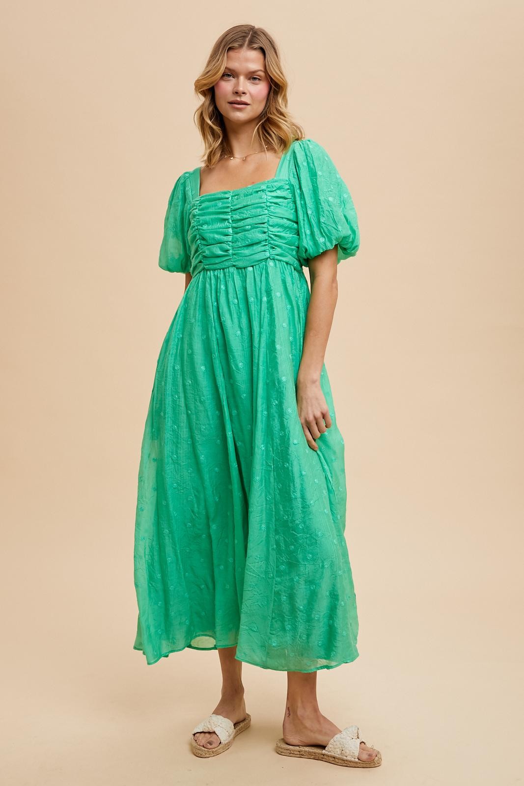 Green Embroidered Shirred Puff Sleeve Maxi Dress