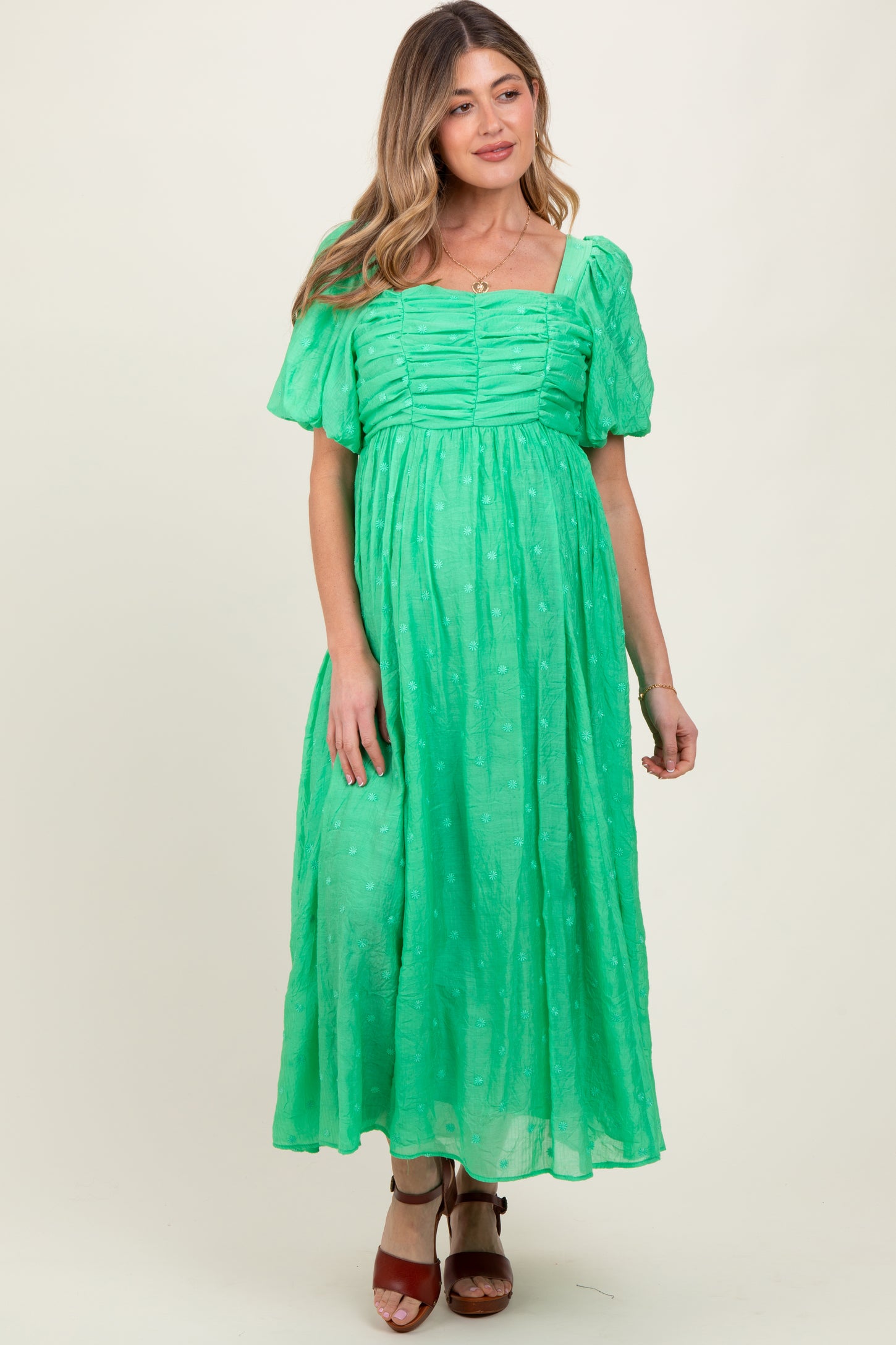 Green Embroidered Shirred Puff Sleeve Maternity Maxi Dress