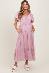 Light Pink Lace Square Neck Maternity Maxi Dress