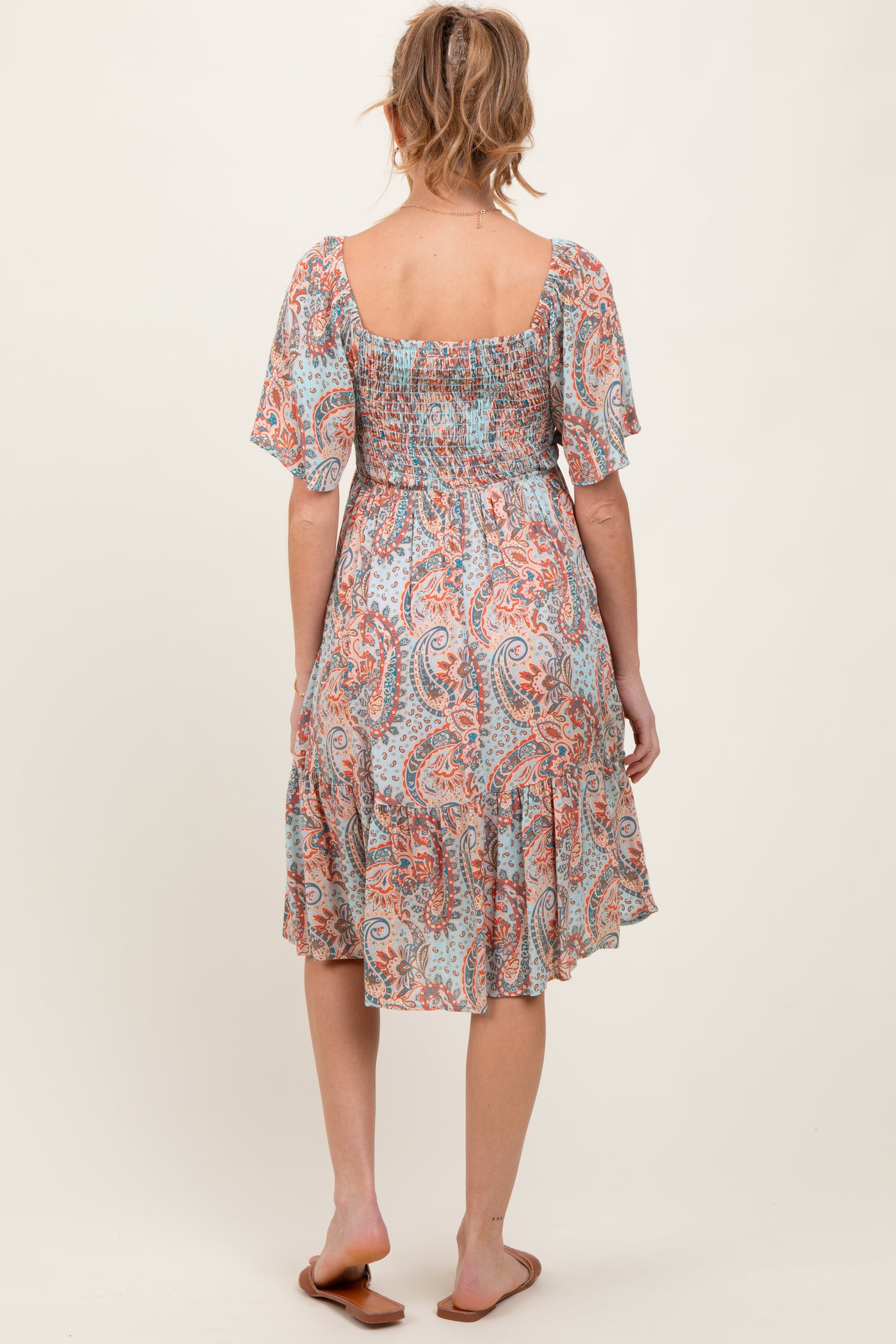 Light Blue Paisley Floral Smocked Maternity Midi Dress