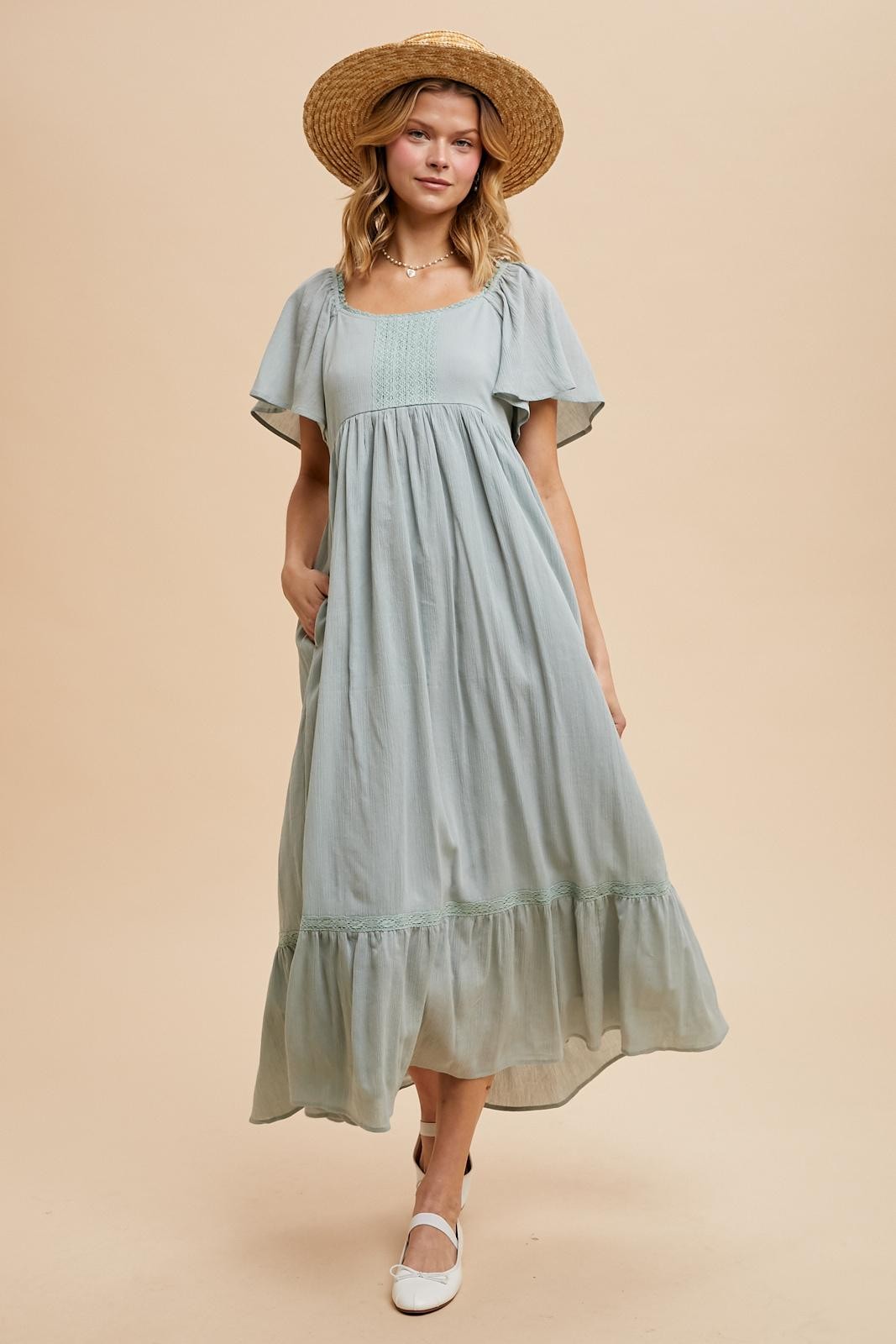 Sage Lace Square Neck Maternity Maxi Dress