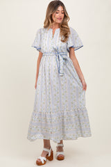 Blue Floral Flutter Sleeve Waist Tie Maternity Maxi Dress