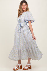 Blue Floral Flutter Sleeve Waist Tie Maternity Maxi Dress
