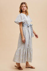 Blue Floral Flutter Sleeve Waist Tie Maxi Dress