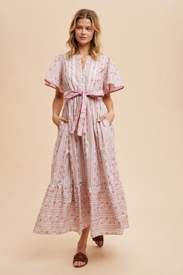 Magenta Floral Flutter Sleeve Waist Tie Maxi Dress