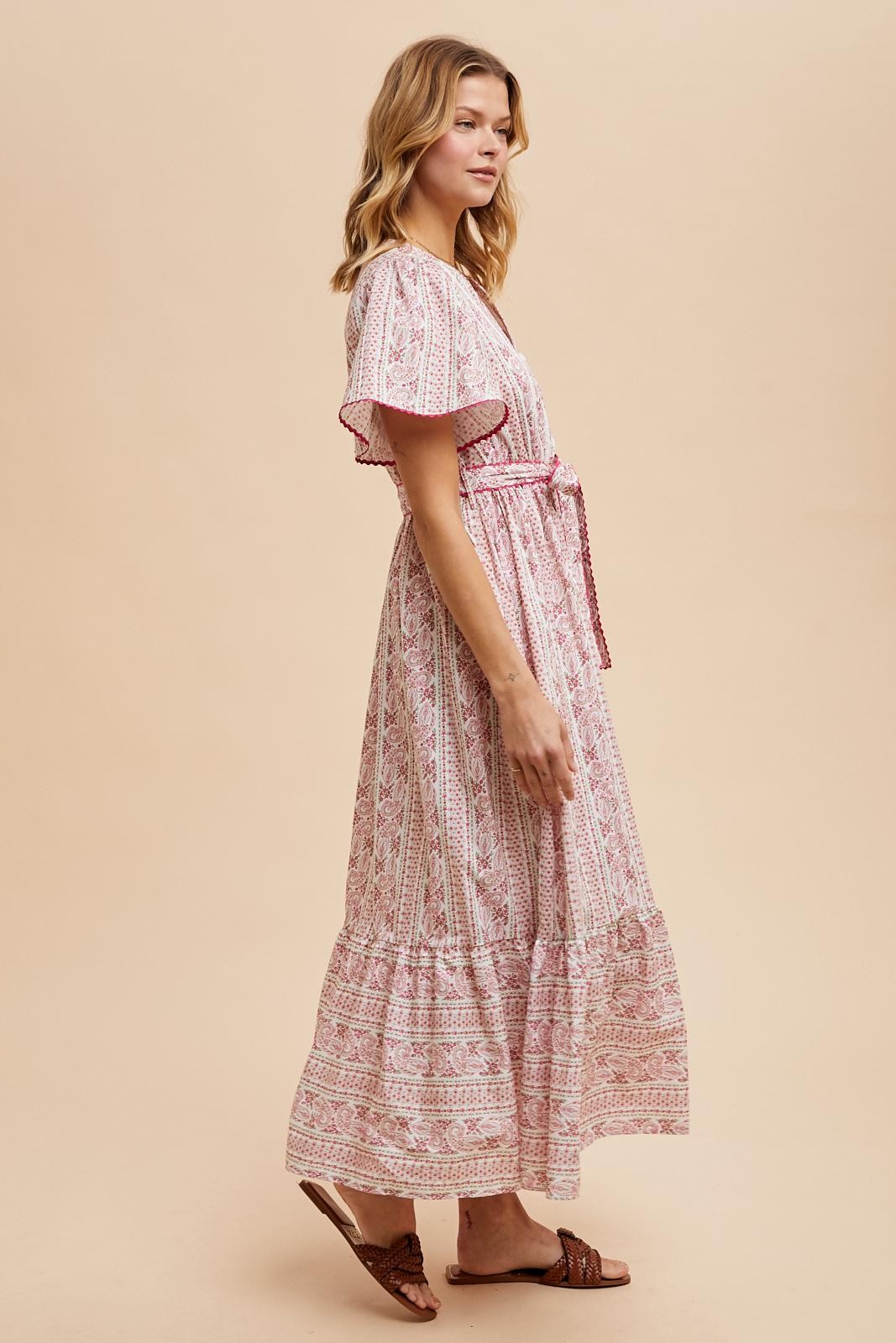 Magenta Floral Flutter Sleeve Waist Tie Maxi Dress