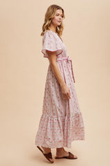 Magenta Floral Flutter Sleeve Waist Tie Maxi Dress