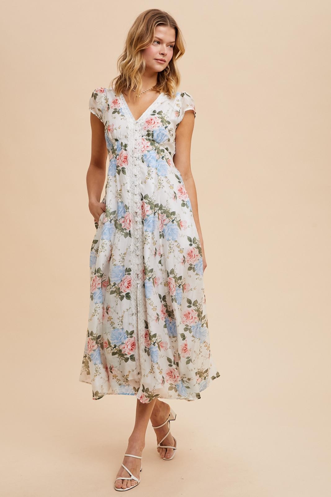 Ivory Garden Floral Lace Trim Button Down Maternity Midi Dress