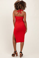 Red Halter Tied Criss-Cross Ribbed Maternity Midi Dress