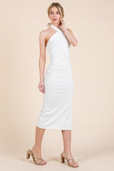 White Halter Tied Criss-Cross Ribbed Midi Dress