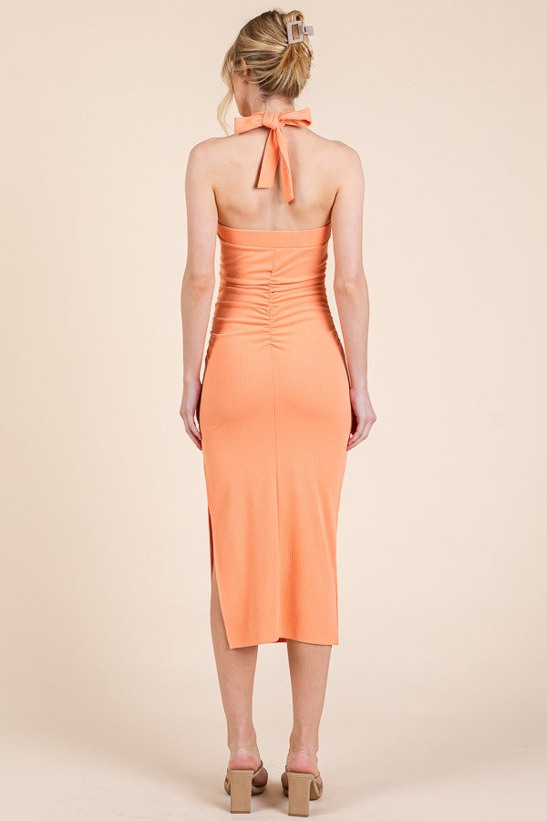 Peach Halter Tied Criss-Cross Ribbed Midi Dress