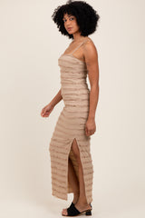 Light Taupe Ruffle Tiered Fitted Maxi Dress