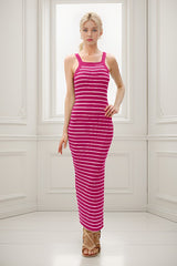Fuchsia Striped High Neck Ribbed Maternity Maxi Dress