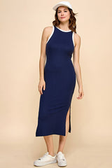 Navy/Soft White High Neck Ribbed Sleeveless Maternity Midi Dress