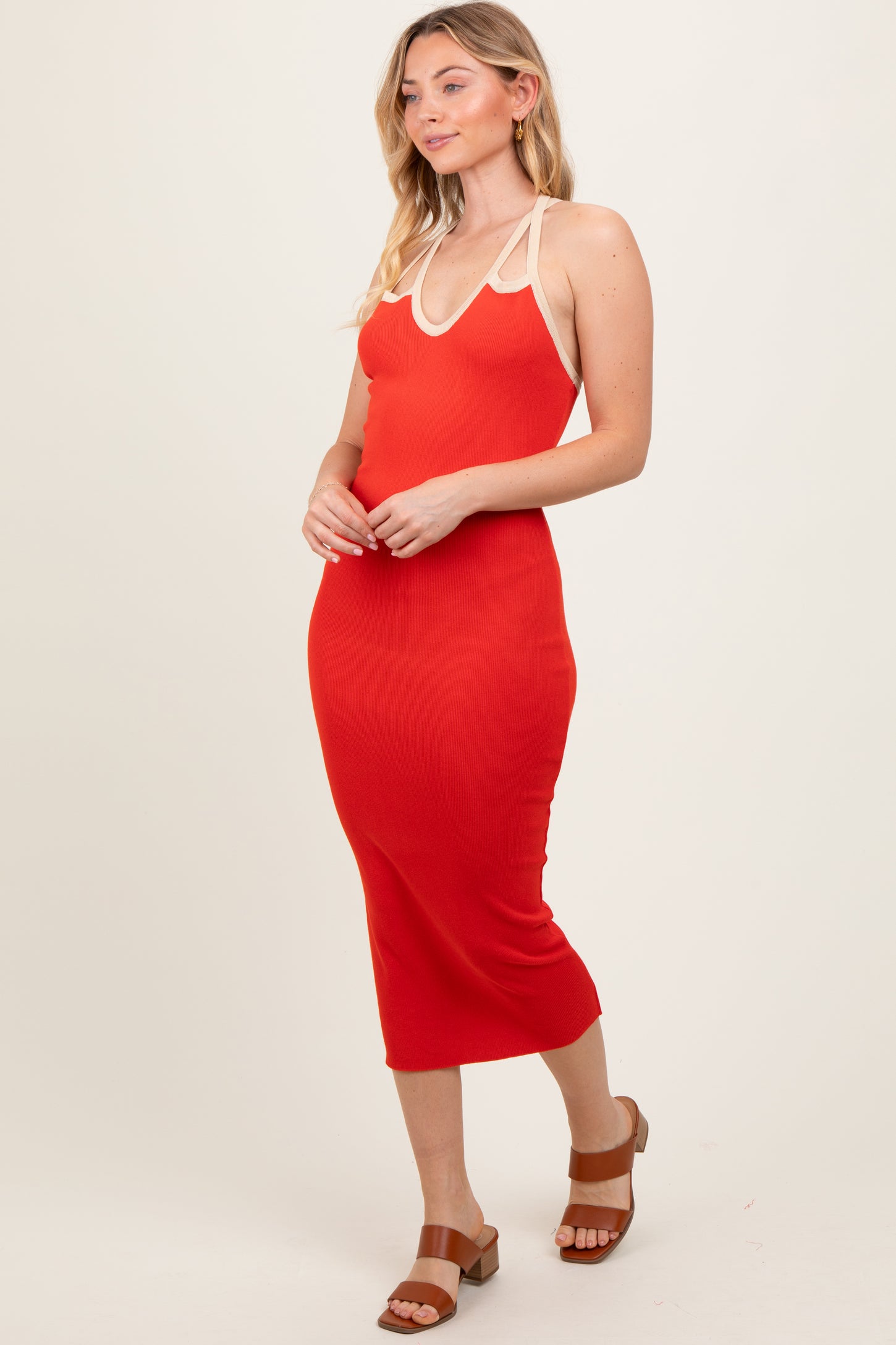 Red Contrast Trim Keyhole Cutout Midi Dress