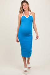 Aqua Contrast Trim Keyhole Cutout Maternity Midi Dress