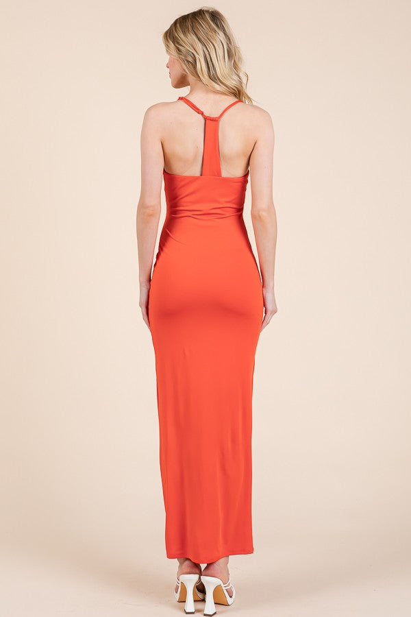 Orange Ruched Double Layered Maxi Dress