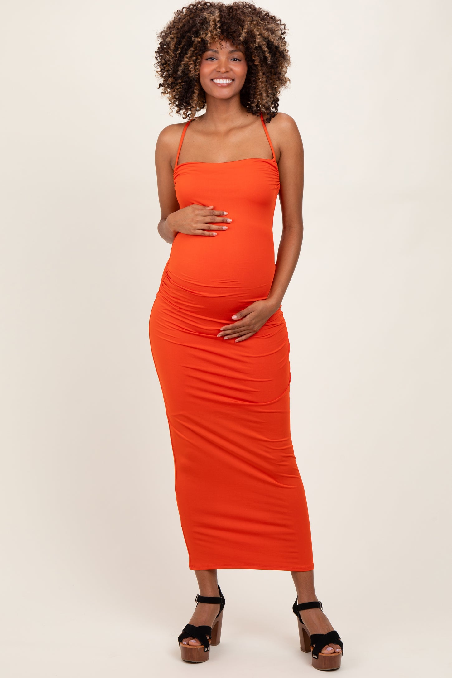 Orange Ruched Double Layered Maternity Maxi Dress