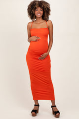 Orange Ruched Double Layered Maternity Maxi Dress