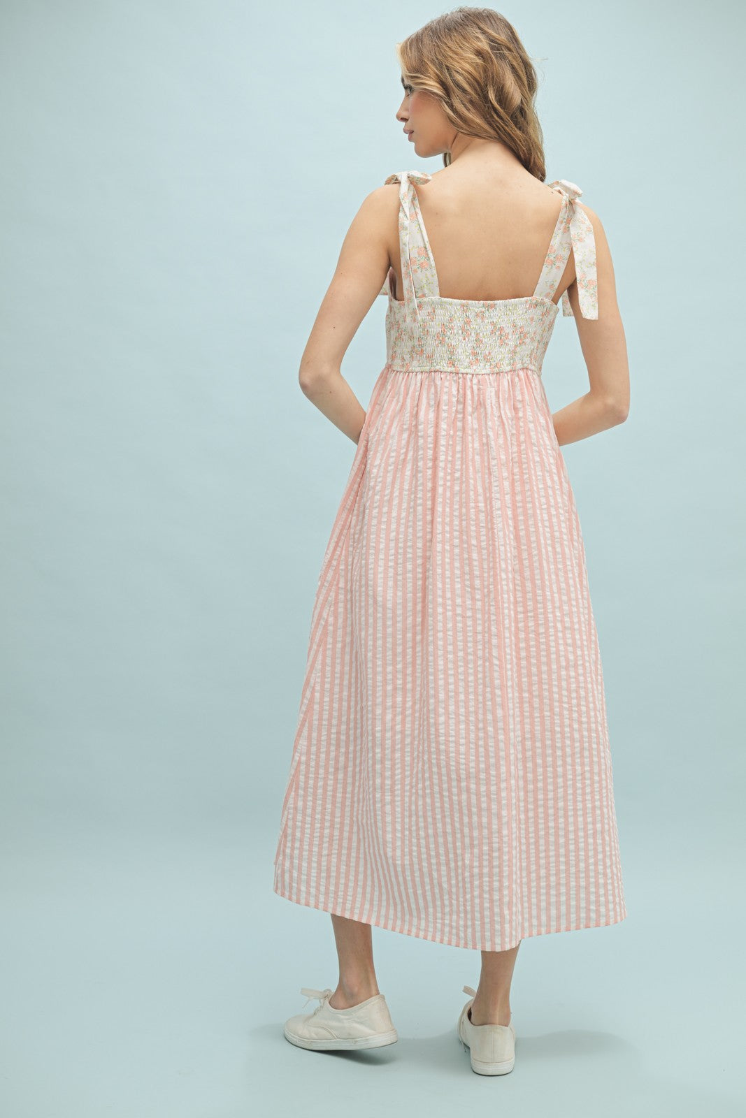 Peach Floral Contrast Stripe Shoulder Tie Midi Dress