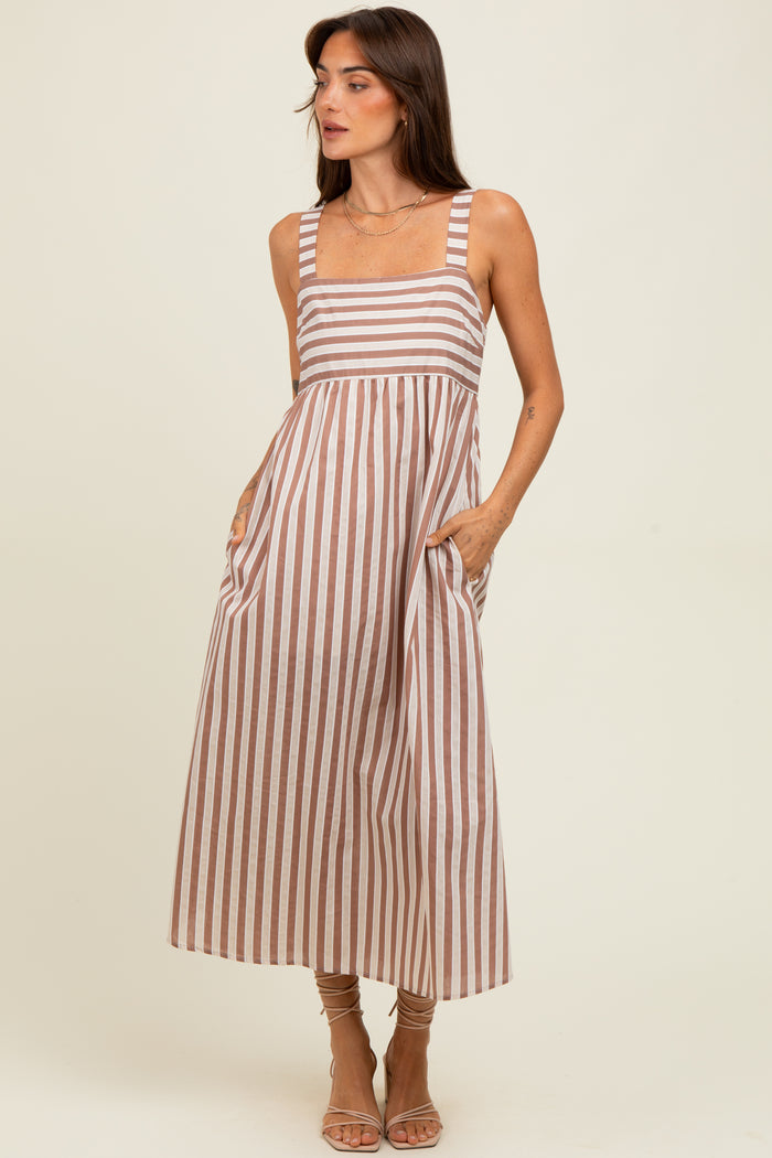 Mocha Striped Sleeveless Maternity Midi Dress