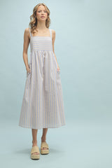 Blue Striped Sleeveless Midi Dress