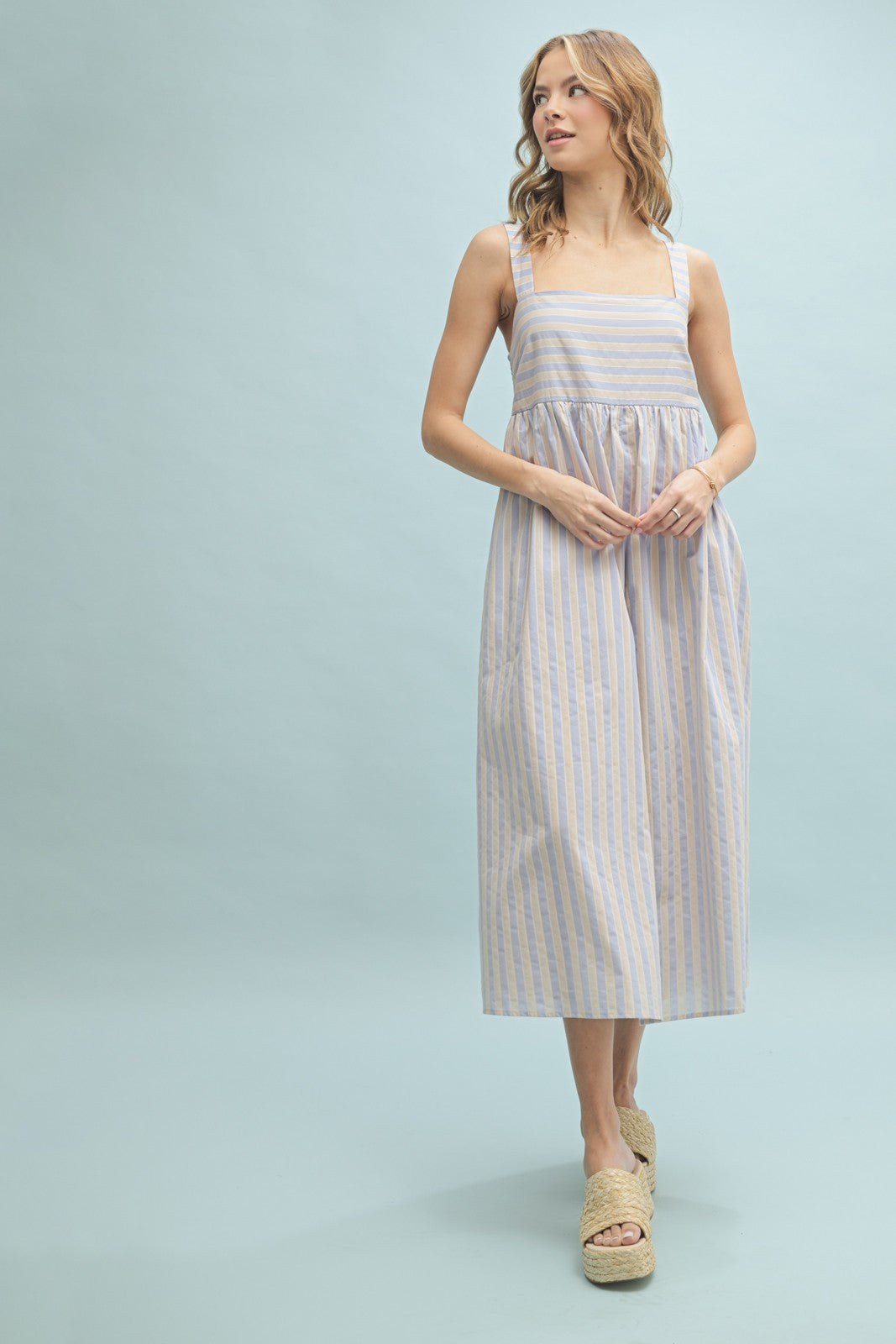 Blue Striped Sleeveless Midi Dress