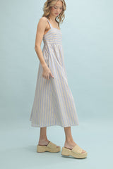 Blue Striped Sleeveless Midi Dress