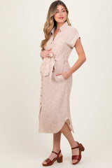 Brown Striped Sash Tie Maternity Midi Shirt Dress