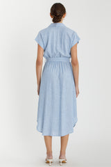 Blue Striped Sash Tie Midi Shirt Dress