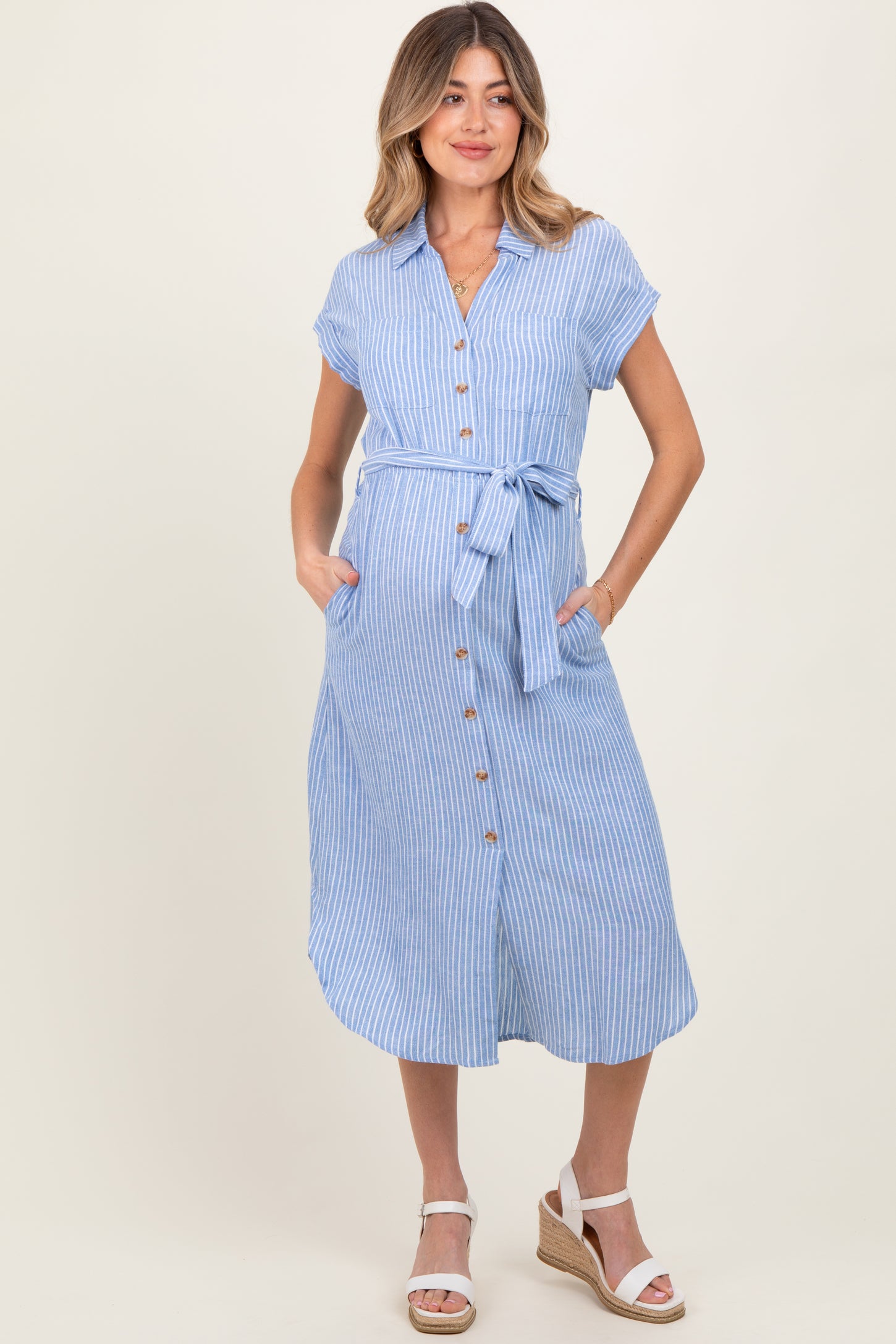 Blue Striped Sash Tie Maternity Midi Shirt Dress