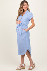 Blue Striped Sash Tie Maternity Midi Shirt Dress