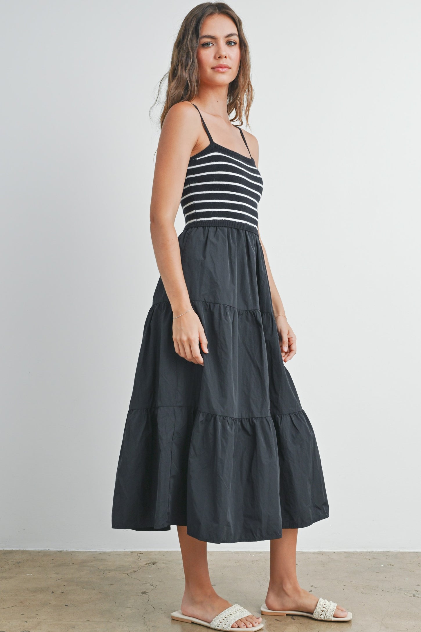 Black Striped Knit Top Tiered Midi Dress
