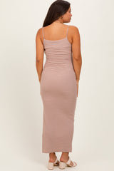 Beige Striped Sleeveless Fitted Maternity Maxi Dress