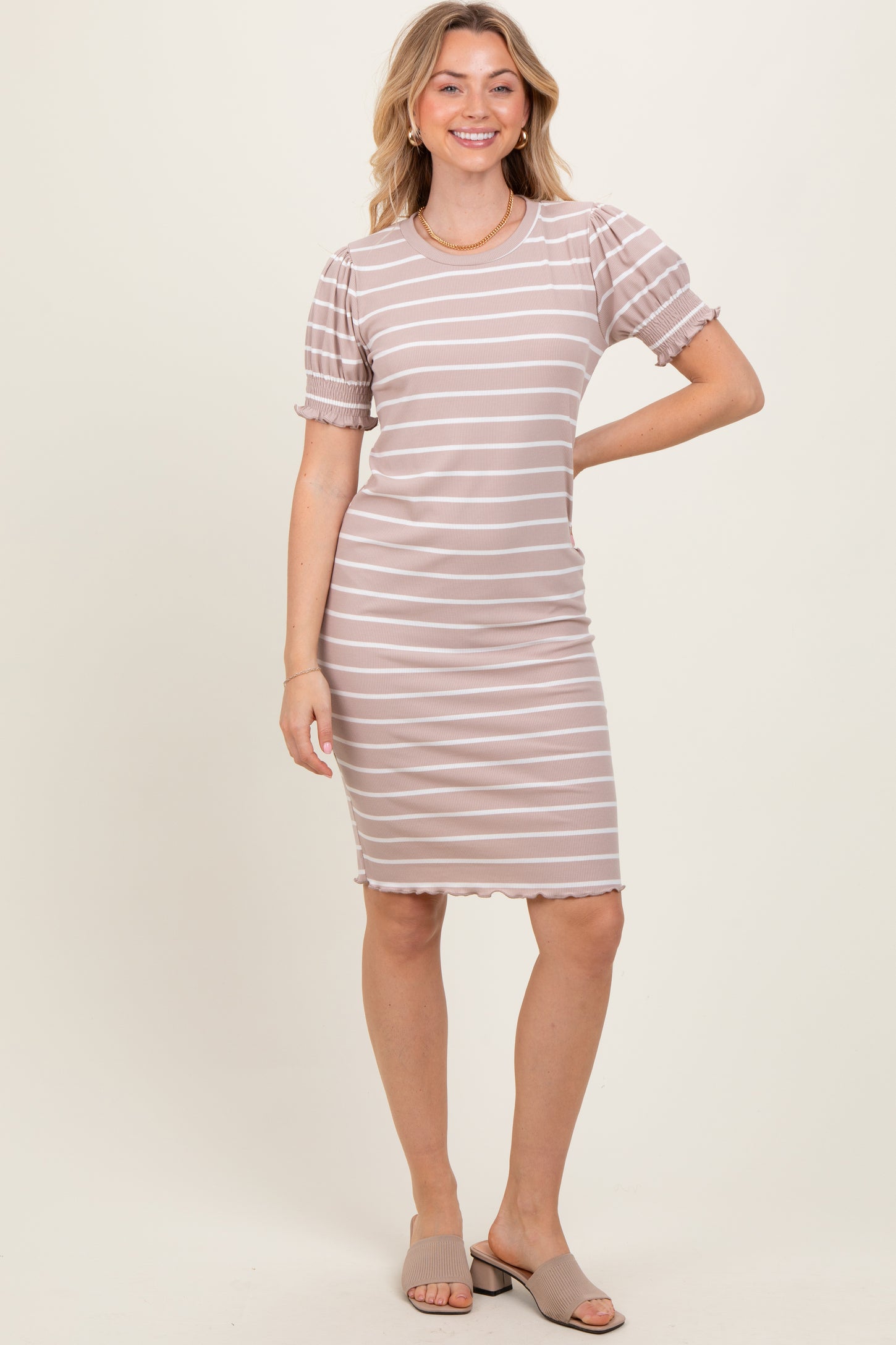 Taupe Striped Short Sleeve T-Shirt Dress